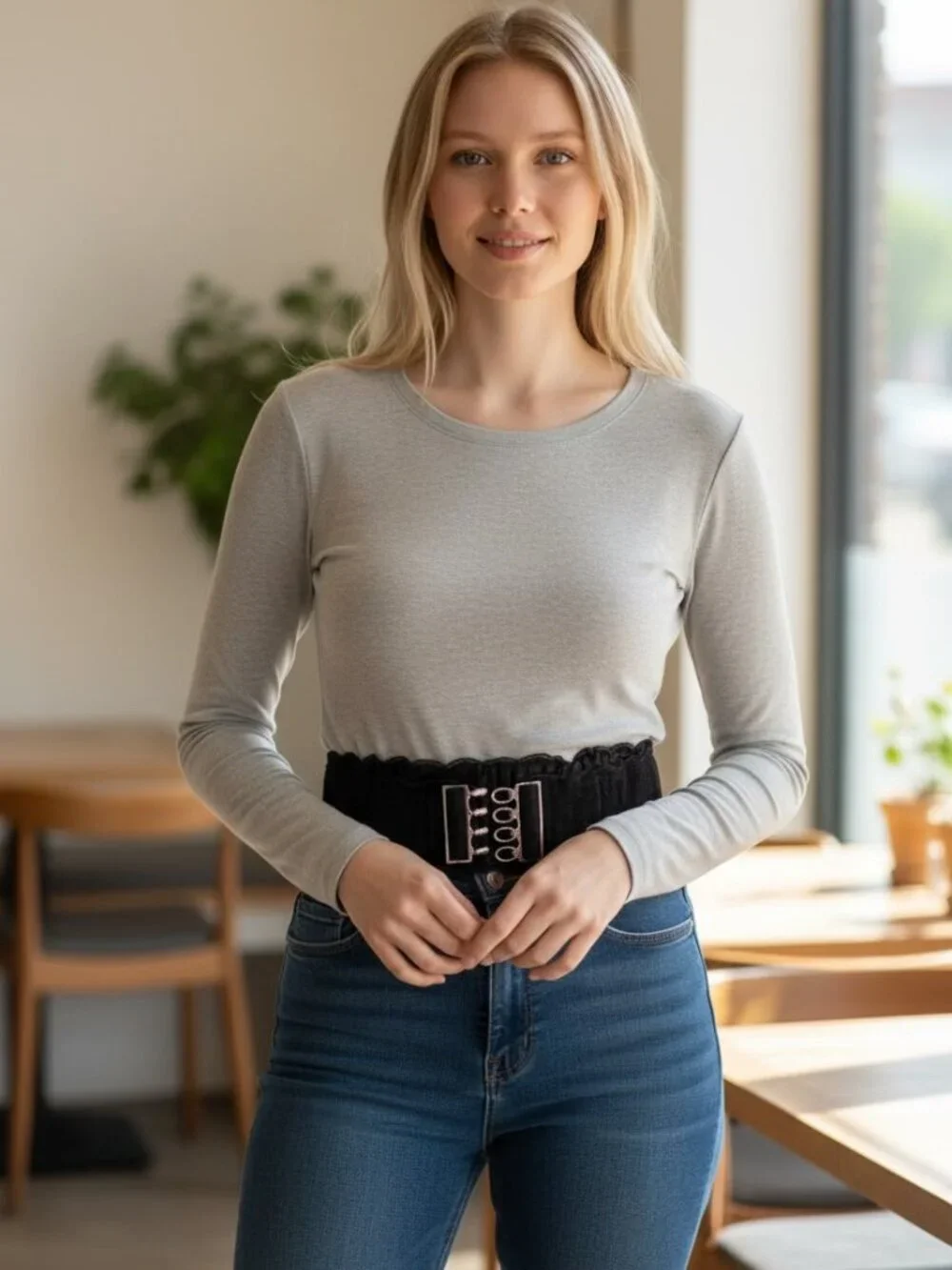 Women's Wide Black Lace Elastic Waist Belt with Silver Interlocking Buckle (A1)